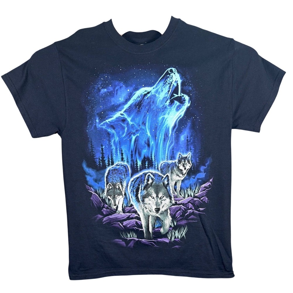 DOM Mens Wolf Spirit Graphic T-Shirt Black Blue Howling Wolf Nature Tee‎ Medium